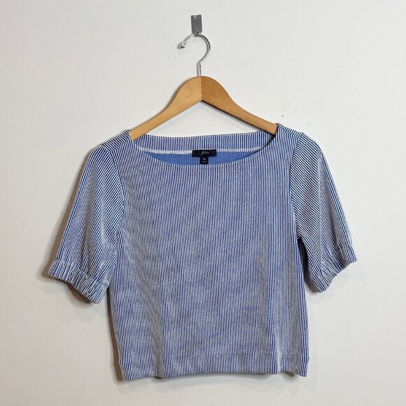 💙 J.Crew Blue/White Striped Puff Sleeve Top | Boat Neck Stretch Waist XS - Picture 1 of 6